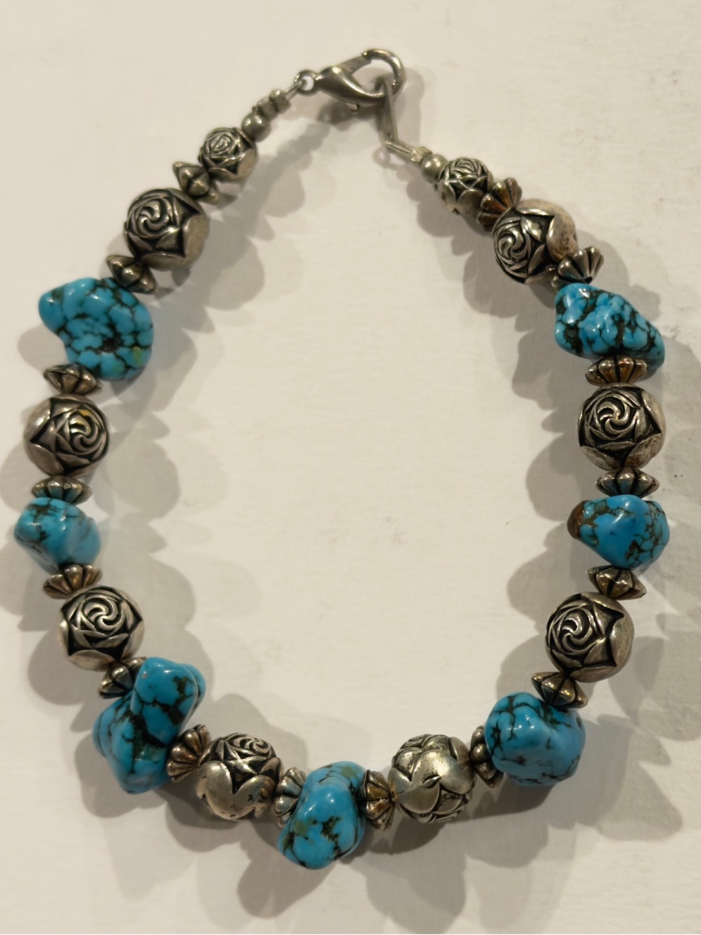 Sterling-Style Turquoise Bead and Rose Accent Bracelet - Blue